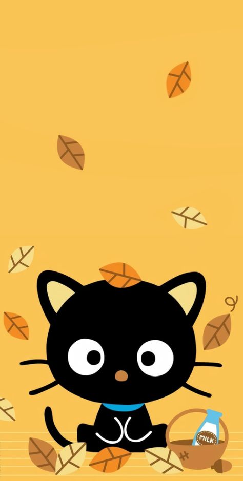 Choco Cat Halloween, Choco Cat Sanrio Wallpaper, Fall Sanrio Wallpaper, Cartoon Fall Wallpaper, Choco Cat Sanrio, Choco Cat Wallpaper, Falling Leaves Wallpaper, Choco Cat, Bottle Of Milk