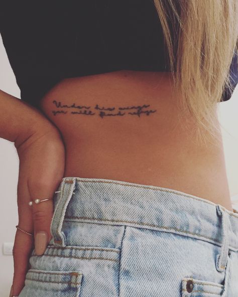 #tattoosforwomen #tattoodesigns #psalm91 #blondebalayage #tattooquotes #tattoolettering Under His Wings You Will Find Refuge Tattoo, Refuge Tattoo, Psalms 91 Tattoo, 91 Tattoo, Psalms 91, Under His Wings, Psalms, Tattoo Quotes, Tattoos