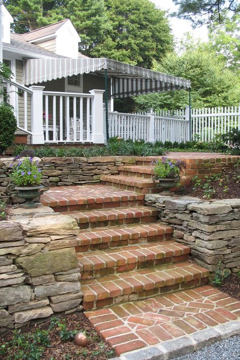 Walkout Patio, Diy Steps, Landscape Stairs, Brick Steps, Walkway Landscaping, Patio Steps, Pathway Landscaping, Brick Paving, Sloped Backyard