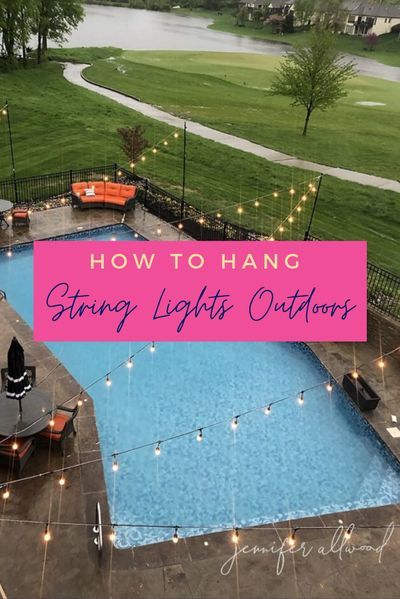 Outdoor Party String Lights, String Lights Around Pool Deck, Pool Deck String Lights, Backyard Lighting Ideas With Pool, Lights Across Pool, Bistro Lights Over Pool, Lights For Pool Area, Pool Party Lighting Ideas, Pool House Lighting Ideas