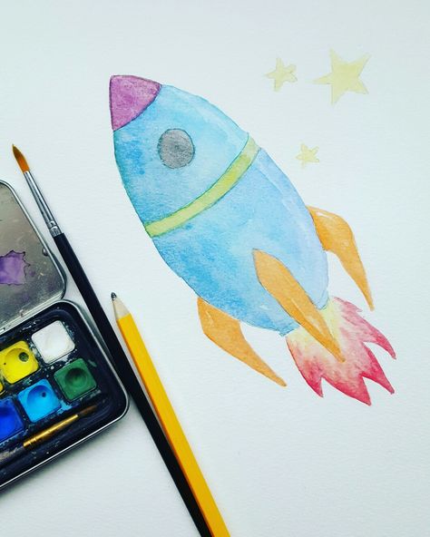 Spaceship Watercolor, Rocket Watercolor, Rocket Ship Painting, Save Water Drawing, Mlp Custom, Rocket Drawing, Rocket Art, Space Watercolor, Watercolour Ideas