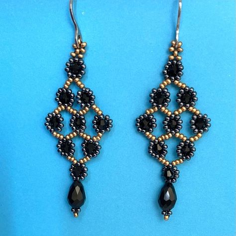 Black Swarovski Crystal & Premium Japanese seed beads Statement Earrings Spacer Beads Jewelry, Seed Bead Earrings Patterns, Earring Design Ideas, Diy Earrings Dangle, Halloween Beaded Jewelry, Festive Earrings, Long Crystal Earrings, Gold Bead Earrings, Wire Wrapped Jewelry Diy