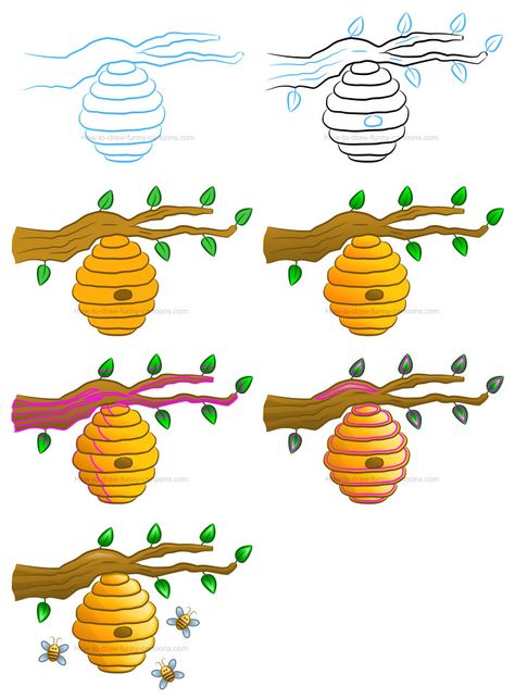 Beehive Doodle, How To Draw A Bee Step By Step, Draw A Bee, How To Draw A Bee, Beehive Drawing, Beehive Art, Bee Drawing, Adult Coloring Designs, Pottery Painting Designs