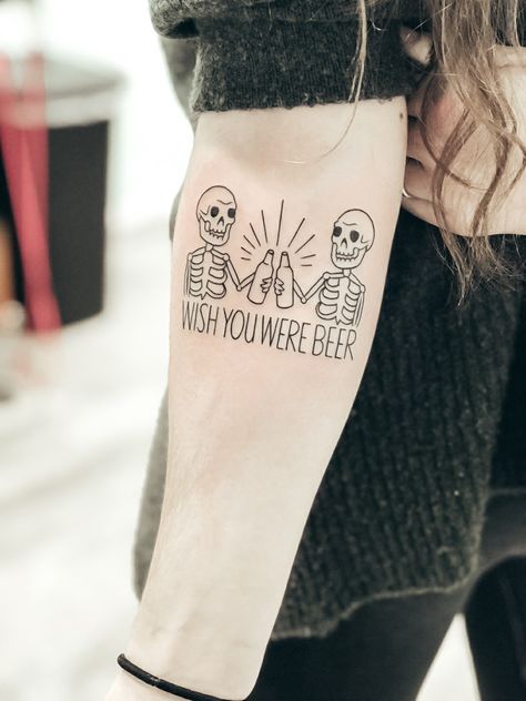 Matching Beer Tattoo Ideas, Beer Matching Tattoos, Matching Beer Tattoos, Skeleton Beer Tattoo, Matching Bartender Tattoos, Craft Beer Tattoo, Beer Mug Tattoo, Alcohol Tattoo Ideas, Drinking Tattoos