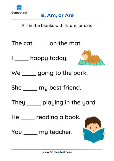 Young learners often find it challenging to use the correct form of the verb ‘to be’. These worksheets are all designed to help students practice using is, am, and are. To complete the worksheets, students must fill in the blanks with the correct ‘be verb’ to complete the sentences. As always, these are free to use in your lessons. Use Of Is Am Are Worksheet, Is And Are Worksheets, Verb To Be Worksheets For Kids, Am Is Are Worksheets, Is Are Worksheet, Is Am Are Worksheets, Verb To Be Worksheets, To Be Worksheet, Phonics Sounds Chart