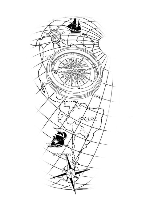 Pirate Map Tattoo, Compass And Map Tattoo, Travel Tattoo Ideas, Compass Tattoo Men, Nautical Tattoo Sleeve, Travel Tattoos, Compass Tattoo Design, Clock Tattoo Design, Tattoo Outline Drawing