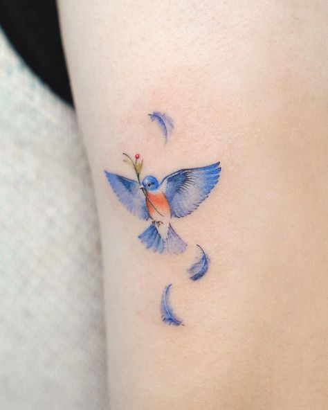 Small Bird Tattoo Color, Bird Tattoos For Women Color, Blue Bird Memorial Tattoo, Small Bird Wrist Tattoos For Women, Eastern Blue Bird Tattoo, Bird And Bee Tattoo, Bluebird Tattoos For Women, Fine Line Bluebird Tattoo, Small Blue Bird Tattoo