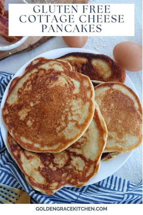 These gluten free cottage cheese pancakes are a delicious way to start the day. Made with oats and cottage cheese, these pancakes are high in protein, light, fluffy, and full of flavor. I make these with maple and bacon extract for a classic breakfast flavor, although you can simply use vanilla extract instead. Cottage Cheese Protein Pancakes, Gluten Free Protein Pancakes, Dairy Free Pancakes, High Protein Breakfast Recipes, Gf Breakfast, Cottage Cheese Pancakes, Cheese Pancakes, Oat Pancakes, Gluten Free Recipes For Breakfast