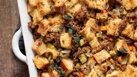 Brioche Stuffing, Vegetable Stuffing, Ground Sausage Recipes, Sausage Stuffing Recipe, Bread Stuffing, Sausage Stuffing, Stuffing Ingredients, Brioche Recipe, Sage Sausage