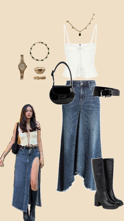 denim skirt corset bags boots jewellery aesthetic tomboy lace room decor wallpaper Denim Corset Outfit, Corset And Skirt Outfits, Aesthetic Tomboy, Corset With Skirt, White Top Outfit, Baby Heels, White Tops Outfit, Skirt Corset, Corset And Skirt