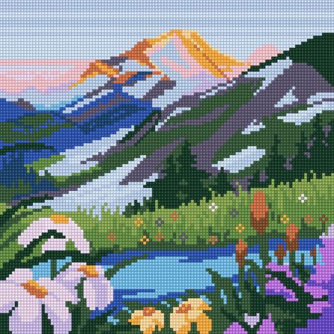 Crochet Tapestry Landscape, Crochet Landscape Patterns, Mountain Pixel Art, Landscape Crochet, Beaded Landscape, Pixel Mountain, Cross Stitch Mountains, Crochet Landscape, Mountain Cross Stitch