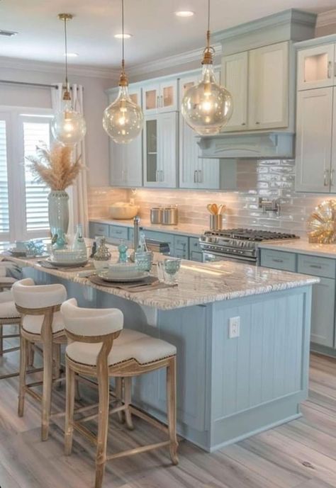 Beach House Small Kitchen, Coastal Living Kitchen Ideas, Coastal Granddaughter Kitchen, Coastal Theme Kitchen, Beach Theme House Interior Design, Costal Kitchen Aesthetic, Coastal Grandma Kitchen, Coastal Bloxburg Kitchen, Coastal House Interior