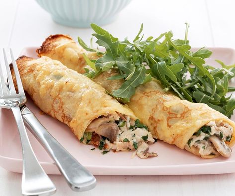 Chicken and mushroom crepes | Australian Women's Weekly Food Pancake Fillings, Baked Chicken And Mushrooms, Mushroom Crepe, Chicken Crepes, French Crepe Recipe, Gluten Free Crepes, Crepes Filling, Crepes Recipe, Nutella Crepes