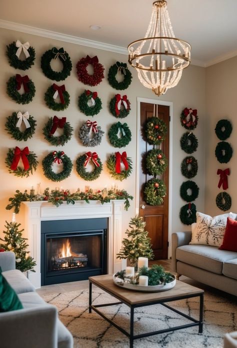 A large, shimmering Christmas wreath is hung on a wooden door, made with an abundance of colorful glass ornaments in various sizes. It creates a lavish, eye-catching display. Creative Wreaths Christmas, Reef Christmas, Felt Christmas Wreath, Ornament Wreaths, Christmas Wreath Ideas, Creative Wreaths, Poinsettia Wreath, Evergreen Wreath, Pine Wreath