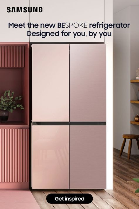 A kitchen background with a four-door refrigerator. The refrigerator is a rose gold and light pink, which is called Pink Glass and Champagne Rose Steel. On the image it says "Meet the new BESPOKE refrigerator Designed for you, by you" in black text. Bespoke Fridge, Bespoke Refrigerator, Custom Refrigerator, New Fridge, Kitchen Projects Design, Samsung Fridge, Bespoke Kitchen Design, Fridge Decor, Bespoke Kitchen