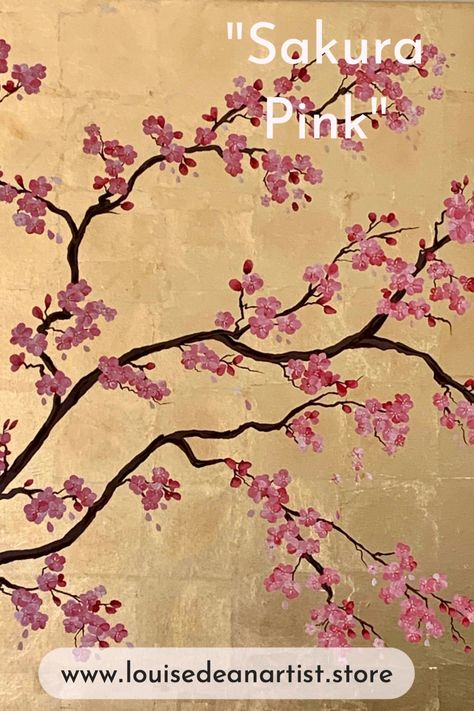 Cherry Blossom Painting Acrylic, Cherry Blossom Wall Art, Japanese Blossom, Cherry Blossom Painting, Grass Painting, Art Journal Cover, Pink Cherry Blossom, Cherry Blossom Art, Gold Leaf Painting