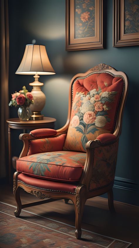 Step back in time with this exquisitely upholstered vintage armchair, its floral pattern whispering stories of past grandeur, perfectly poised under the warm glow of a classic lamp, against the backdrop of a dark teal wall #ClassicElegance #FloralUpholstery #VintageDecor #AntiqueCharm #HomeStyle #ElegantInteriors #DecorDetail Vintage Sofa Living Room, Floral Chair Living Room, Antique Arm Chair, Couch Fabrics Upholstery, Reupholster Victorian Chair, Vintage Arm Chair, Vintage Chairs Victorian, Antique Armchair, Upholstered Chairs Diy