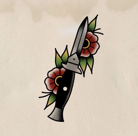 Knife Tattoo Traditional, American Traditional Knife, Traditional Knife Tattoo, Traditional Tattoo Gap Fillers, Traditional Tattoo Painting, Traditional Tattoo Arm, Tattoo Flash Sheets, Traditional Tattoo Filler, Small Traditional Tattoo