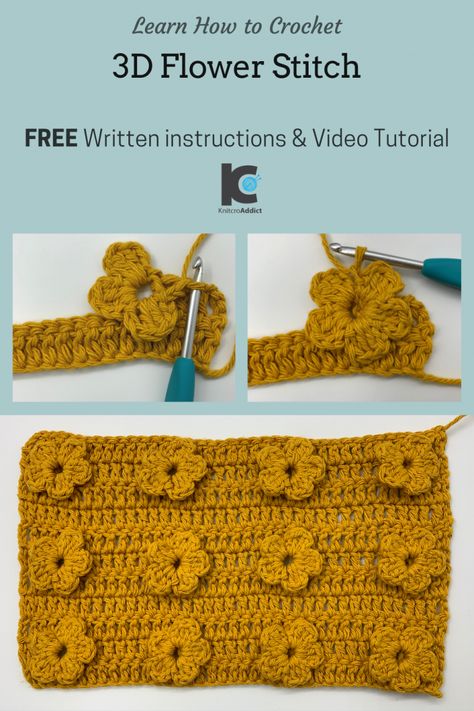 Crochet Flower Stitch Diagram, Flower Stitch Crochet Pattern, Flower Stitch Pattern, Daisy Crochet Stitch, Crochet Stitch Swatches, X Stitch Crochet, Crochet Flower Stitches, Flower Crochet Stitches, 3d Crochet Stitch