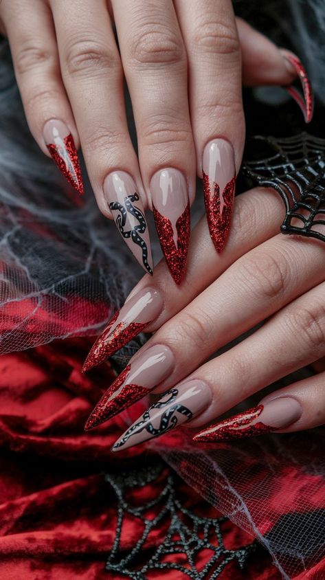 Unleash your wild side with these stunning nails! Featuring a smooth beige base topped with bold red glitter, the snake pattern adds an edgy twist that’s perfect for Halloween or any daring occasion. Let your nails do the talking!
#halloweennails #halloweenvibe #acrylicnails #nailsdesign #nailsinspo #nailsinspo Stiletto Nails Fall Design, Nails Fall Design, Den Of Vipers, Snake Nails, Red Nails Glitter, Stunning Nails, Snake Pattern, Snake Patterns, Glitter Nail