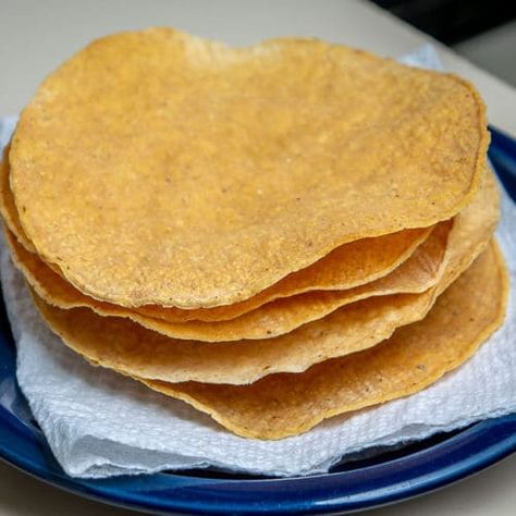 How To Make Tostada Shells | Mexican Please Easy Grocery List, Mexican Tostadas, Recipe With Beans, Baked Tostadas, Tostada Shells, Pinto Bean Soup, Fried Corn Tortillas, Tostada Recipes, Baked Tortilla Chips