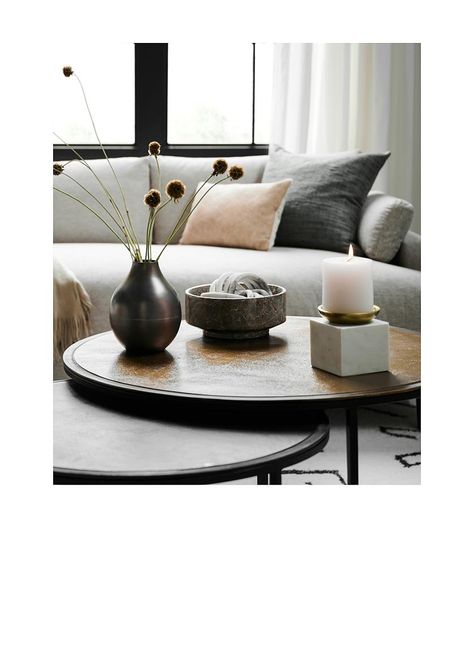 Living Room Coffee Table Ideas, Coffee Table Styling Ideas, Decorate A Coffee Table, Table Styling Ideas, Coffee Table Crate And Barrel, Marble Pillar, Coffee Table Ideas, Glass Tealight Candle Holders, Condo Living Room