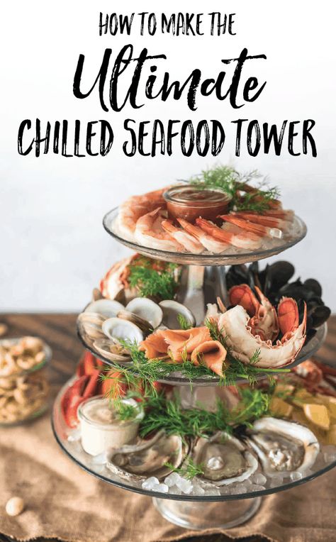 This Chilled Seafood Tower is a trendy dish that takes a bit of time to prepare. Although this dish looks fancy, it’s really not too difficult to make. Find out what you need to make a seafood tower just in time for your next holiday gathering or celebration! Sea Food Tower, Seafood Tower Recipes, Diy Seafood Tower, Seafood Tower Ideas, Seafood Platter Ideas, Seafood Sauces, Seafood Platters, Seafood Party, Seafood Tower