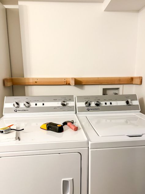 Diy Shelves Over Washer And Dryer, Behind Washing Machine Shelf, Laundry Room Organization Above Washer And Dryer, Shelf Over Laundry Sink, Diy Shelves Above Washer And Dryer, Laundry Room Shelf Ideas Over Washer With Open Top Washer, Laundry Room With Floating Shelf, One Shelf Laundry Room, Floating Shelf For Laundry Room