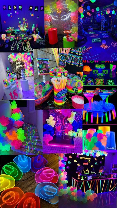 Glow Theme Party Cake, Blackout Or Back Out Party Theme, 14th Birthday Theme, Pre Teen Birthday Party Ideas, Neon Sweet 16 Party Ideas, Neon Bday Party, Neon Party Games, Neon Themed Birthday Party, Glow Party Theme