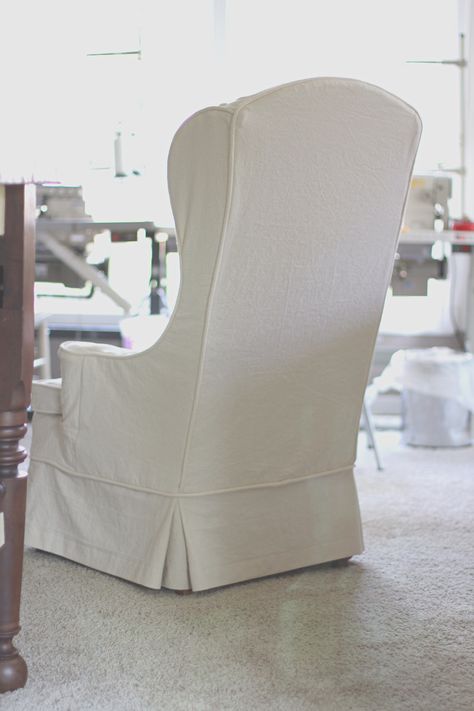 twin fibers: My Sewing Workroom and Wingback Chair Slipcovers Slipcover Wingback Chair, Slipcover For Wingback Chair, Slipcovered Wingback Chair, Country Seat Covers, Wingback Chair Slipcovers, Birthday Chair, Mid Century Modern Farmhouse, Furniture Reupholstery, French Country Dining Room