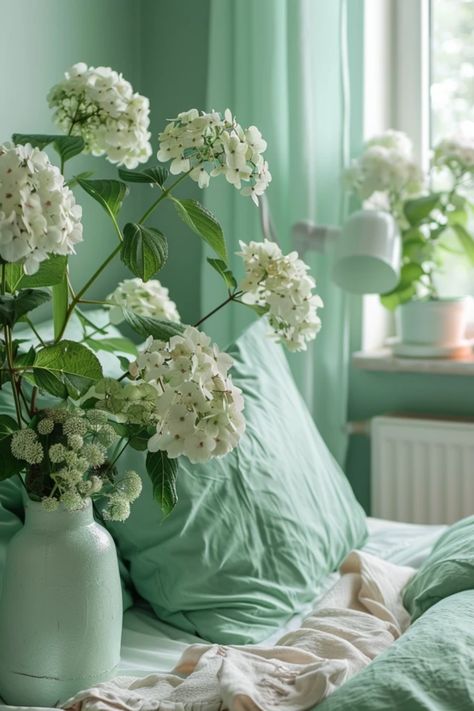 Transform your sleep space with these chic mint green bedroom ideas! This soothing color offers refreshing vibes, perfect for anyone looking to create a calm escape in their home. From clever decor tips to stylish furniture combinations, learn how mint green can evoke serenity and add modern flair. Whether you're redoing an entire room or just sprucing up your decor style, these inspiring ideas will help you embrace the beauty of mint green. Explore creative accents to bring gentle hues into your sanctuary! Mint Green Color Combinations, Mint Green Bedroom Ideas, Mint Green Color Palette, Mint Green Furniture, Clever Decor, Mint Green Bedroom, Mint Green Rooms, Mint Bedroom, Green Bedroom Walls