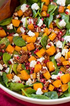 Butternut Squash Pomegranate, Butternut Squash Spinach, Salads For A Crowd, Butternut Squash Salad, Cheese Spinach, Red Wine Vinaigrette, Squash Salad, Green Veggies, Autumn Salad