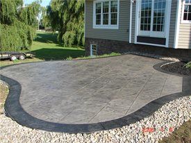 Three Small Concrete Patio Designs - Concrete Network Concrete Patio Landscaping Ideas, Concrete Patio Landscaping, Concrete Back Porch, Concrete Patio With Border, Poured Concrete Patio Ideas, Patio With Border, Patio Landscaping Ideas, Poured Concrete Patio, Design Per Patio