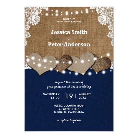 Rustic Navy Blue Burlap Lace Wedding Invitations Burlap Lace Wedding, Teal Wedding Invitations, Romantic Rustic Wedding, Navy Blue Wedding Invitations, Country Barn Weddings, String Lights Wedding, Purple Wedding Invitations, Lace Wedding Invitations, Teal Wedding