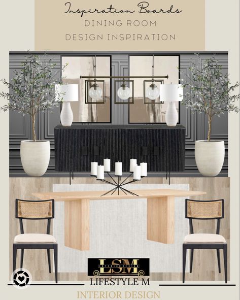 Design board with furniture and decor for a dining room. Dining Room Decor With Buffet Table, Lamps Buffet Dining Room, Black White And Beige Dining Room, Modern Dining Room Wall Art, Artwork For Dining Area, Dining Room Decor Buffet, 108” Dining Table, Transitional Design Dining Room, Olive Tree In Dining Room