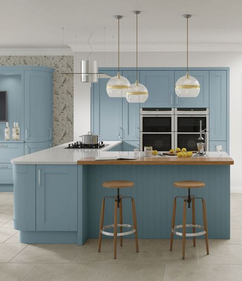 Denim Blue Kitchen Happy Kitchen Colors, Green Kitchen Curtains, Kitchen Door Designs, Hand Painted Kitchen, Kitchen Colours, Scandinavian Kitchens, Open Plan Living And Dining, Open Plan Kitchen Diner, Kitchen Cabinet Ideas