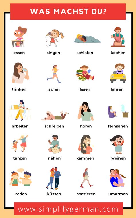 German Learning Resources Common German Words, Learning German Worksheets, Writing Kids Books, German Phrases Learning, Basic German, German Learning, Verb Words, Deutsch Language, German Resources