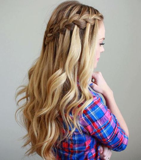 half updo with waterfall braid and curls Waterfall Braid With Curls, Waterfall Braid Tutorial, Curled Hairstyles For Medium Hair, Waterfall Braid Hairstyle, Waterfall Hairstyle, Medium Hair Braids, Open Hairstyles, Waterfall Braid, Braids With Curls