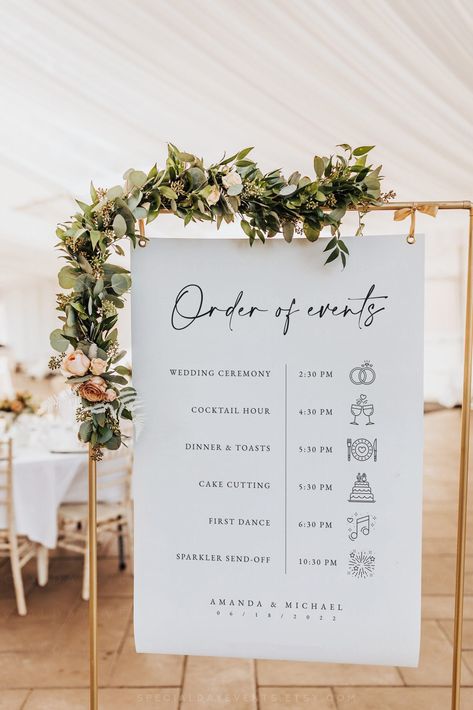 "- BUY 3 OR MORE GET 50% OFF! - Discount applied automatically at checkout. - TRY the Free DEMO Before You Buy! Looking for a simple and stylish way to guide your guests through the order of events at your wedding? Look no further than our \"Order of Events\" sign Corjl template! With its clean and modern design, this template is the perfect way to ensure your guests know what's happening while also adding a chic touch to your wedding décor. Using our easy-to-use Corjl platform, you can customiz Wedding Running Order, Order Of Wedding Events, Signs To Have At Your Wedding, Wedding Sign List, Simple Wedding Signage, Clothes Rail Wedding Sign, Wedding Ceremony Details, Ikea Clothing Rack Wedding Sign, Wedding Timeline Day Of Sign