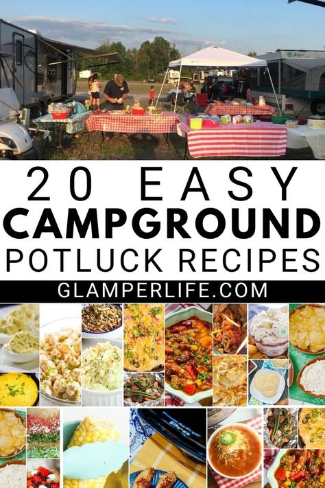 Heading for a camping adventure and planning to join up with some friends when you get there? Potluck meals are a great way to enjoy time with friends while sharing the job of cooking! Everyone brings a dish to the host campsite and you end up with a variety of foods and treats to choose from. Check out our best potluck tips, and grab 20 of the best camping potluck recipes to try! #recipe #camping #rvlife #potluck #glamperlife Easter Camping Food Ideas, Easy Camping Side Dishes Make Ahead, Camping Dinner Side Dishes, Campout Potluck Ideas, Side Dish For Camping, Mediterranean Camping Recipes, Outdoor Cookout Food, Camping Sides Dishes Make Ahead, Camping Buffet Ideas