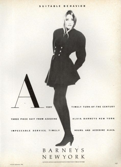 Barneys New York, 1985 Vintage Alaia, Barney’s New York, Azzedine Alaia, Three Piece Suit, Barneys New York, Simple Image, Vintage Ads, Vintage Fashion, New York