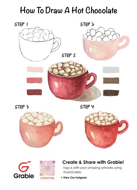 Grabie Watercolor Hot Chocolate, Draw Hot Chocolate, Hot Chocolate Watercolor, Hot Chocolate Drawing, Chocolate Watercolor, Hummingbird Sketch, Watercolor Chocolate, Painting Journal, Art Education Projects