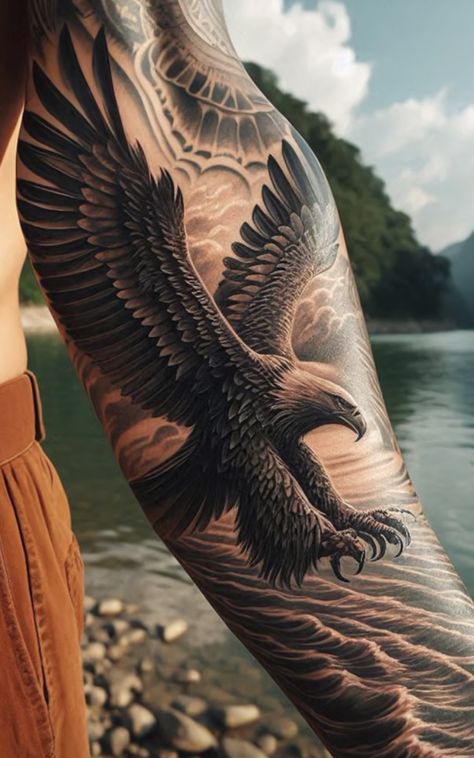 Inner Bicep Eagle Tattoo Men, Eagle Tattoo On Forearm, Realistic Tattoos Men, Viking Eagle Tattoo, Hawk Arm Tattoo, Eagle Tattoo Realistic, Angry Eagle Tattoo, Mens Tattoo Ideas Sleeve Inspiration Men, Tattoo Eagle Arm