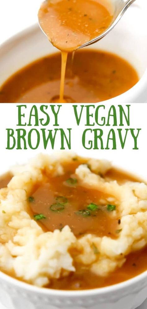 This quick and easy homemade vegan brown gravy can be made in minutes with just a few simple ingredients!  All the savory comforting flavors of gravy made vegan! Vegan Brown Gravy, Vegetarian Gravy Recipe, Vegetarian Gravy, Vegan Gravy, Vegan Thanksgiving Recipes, Brown Gravy, Vegan Sauces, Tasty Vegetarian Recipes, Vegan Comfort Food