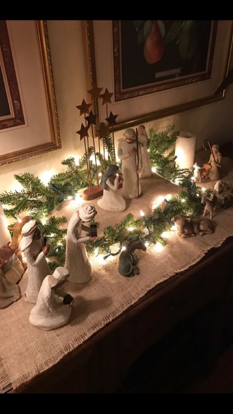 Willow Tree Nativity Display, Nativity Sets Display, Christmas Nativity Scene Display, Nativity Display, Nativity Scene Display, Willow Tree Nativity, Christian Christmas Decorations, Church Christmas Decorations, Tree Decorating Ideas