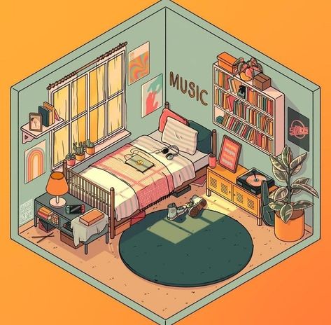 Isometric Room Illustration Aesthetic, Isometric Art Room, Room Design Aesthetic, Room Perspective Drawing, Studio Bed, Bedroom Drawing, Isometric Drawing, Isometric Art, Isometric Design