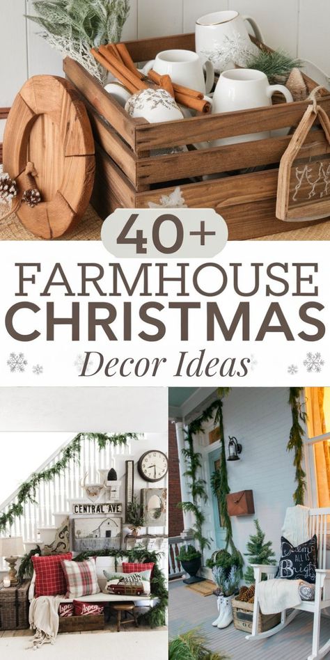 47 DIY Farmhouse Christmas Decorations for a Festive Look Farmhouse Christmas Mantle Decor, Country Christmas Decorations Diy, Rustic Farmhouse Christmas Tree Ideas, Farmhouse Christmas Tree Ideas, Farmhouse Christmas Mantle, Rustic Farmhouse Christmas Tree, Rustic Mantle Decor, Magnolia Christmas Wreath, Rustic Glam Christmas