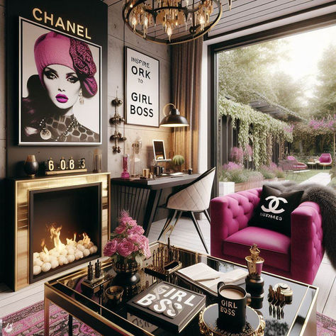 Office And Woman Cave, Chanel Office Decor, Luxury Office Decor, Office Themes Ideas Decor, Luxury Home Office Ideas, Woman Office Decor, Dream Office Luxury, Glam Office Ideas, Studio Decorating Ideas