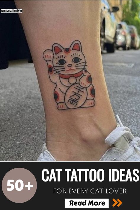 Elegant lucky cat tattoo ink with bold, vibrant colors. Lucky Kitty Tattoo, Lucky Cat Tattoo Design, Good Luck Cat Tattoo, Lucky Cat Tattoo Traditional, Chinese Cat Tattoo, Japanese Lucky Cat Tattoo, Fortune Cat Tattoo, Lucky Cat Drawing, Maneki Neko Tattoo