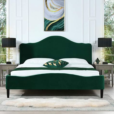 Bed Frame Velvet, Hunter Room, Bed Frame Sets, Green Bed, Velvet Bed Frame, Fabric Bed Frame, Arched Headboard, Bed Platform, Elegant Bedding